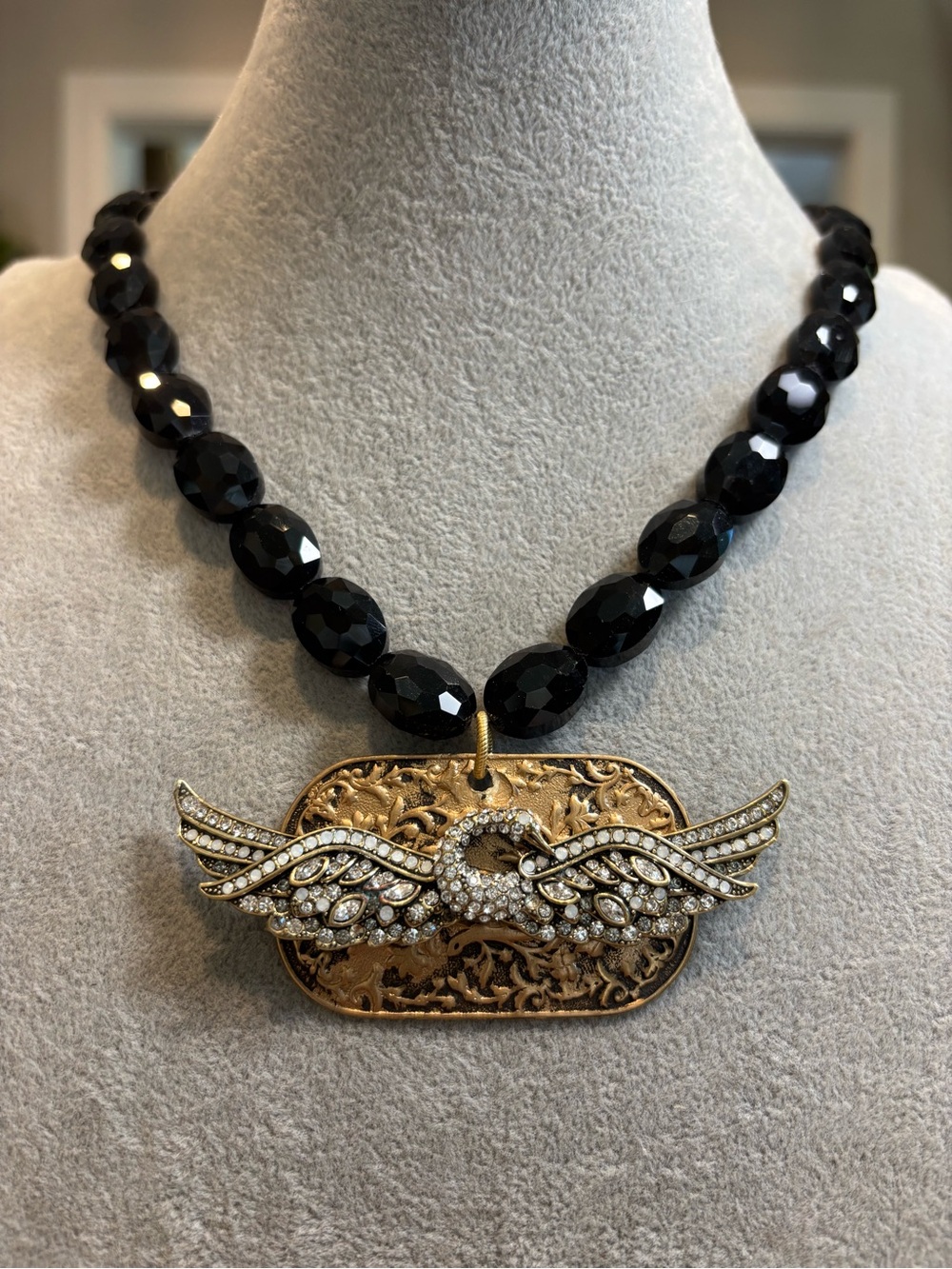 Handmade Elegant Black faceted Bead Necklace with repurposed HEIDI DAUS Pendant